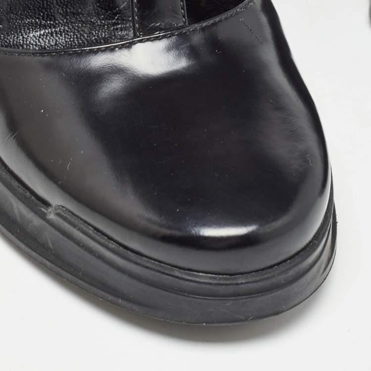 Pre Owned Prada Black Patent Leather T-Strap Wedge Sandals Size 36