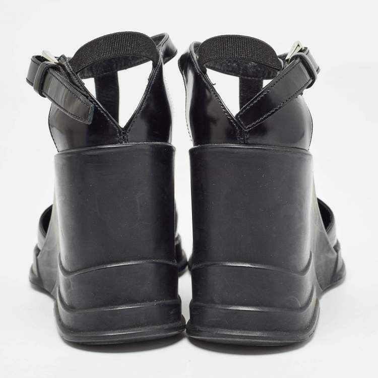 Pre Owned Prada Black Patent Leather T-Strap Wedge Sandals Size 36