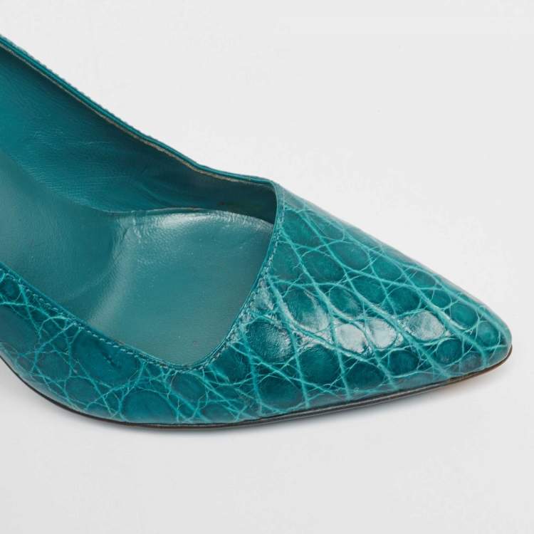 Pre Owned Prada Green Crocodile Pointed Toe Pumps Size 37.5