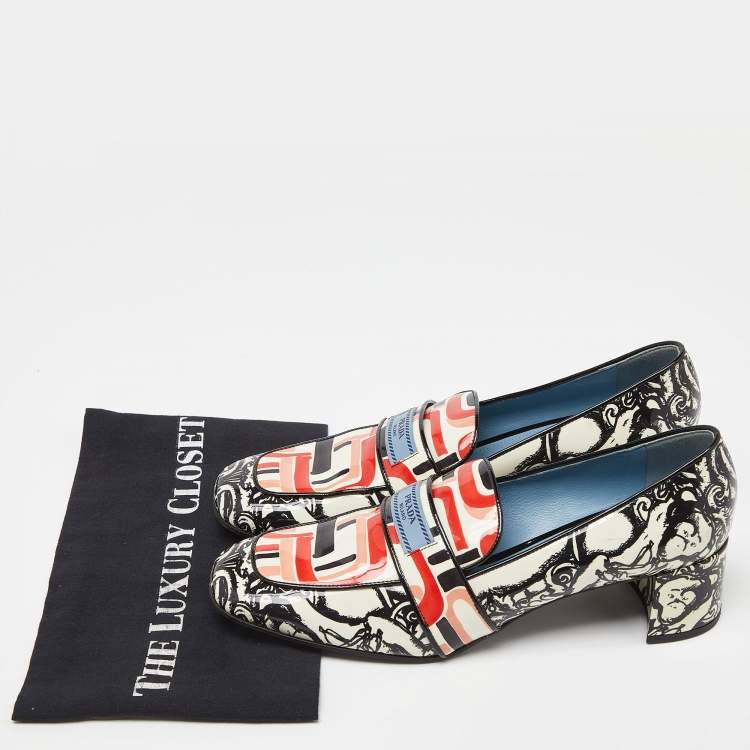 Pre Owned Prada Multicolor Print Patent Leather Block Heel Loafer Pumps Size 41.5