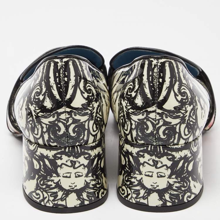 Pre Owned Prada Multicolor Print Patent Leather Block Heel Loafer Pumps Size 41.5