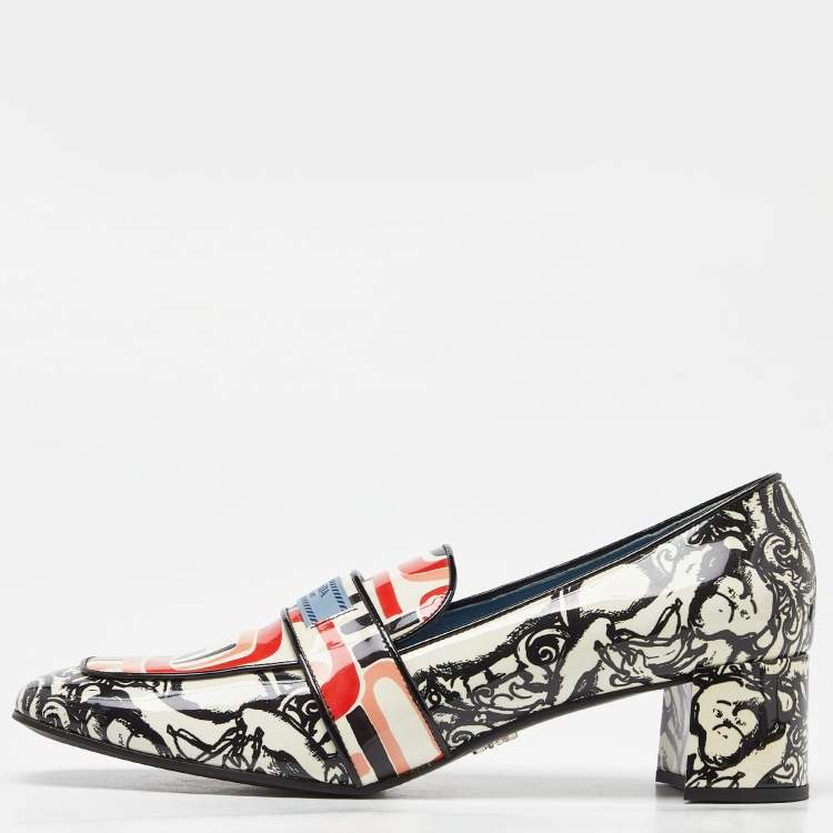 Pre Owned Prada Multicolor Print Patent Leather Block Heel Loafer Pumps Size 41.5
