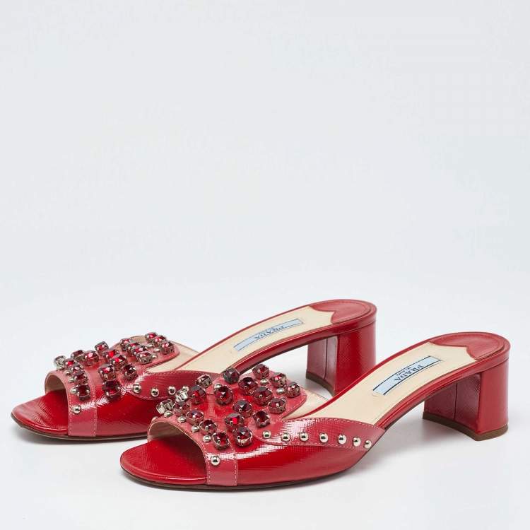 Pre Owned Prada Red Patent Leather Crystal Embellished Block Heel Slide Sandals Size 37