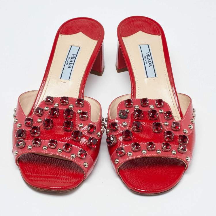 Pre Owned Prada Red Patent Leather Crystal Embellished Block Heel Slide Sandals Size 37