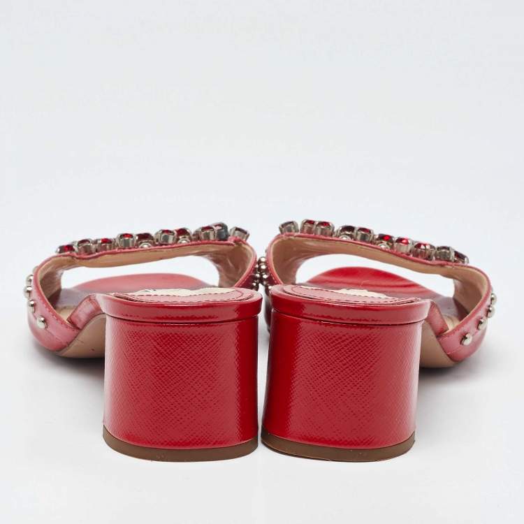 Pre Owned Prada Red Patent Leather Crystal Embellished Block Heel Slide Sandals Size 37