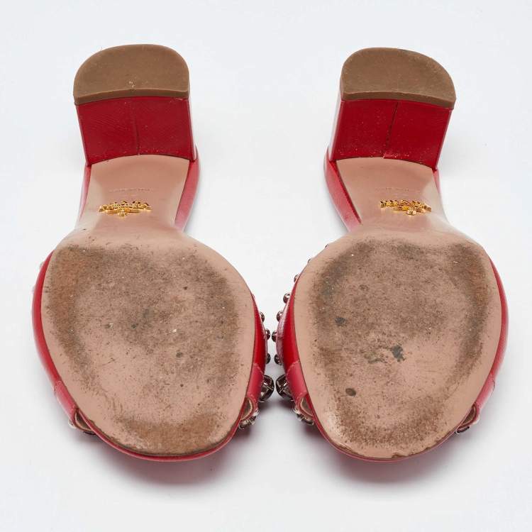 Pre Owned Prada Red Patent Leather Crystal Embellished Block Heel Slide Sandals Size 37