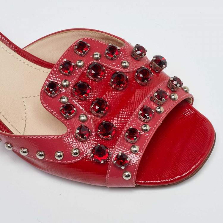 Pre Owned Prada Red Patent Leather Crystal Embellished Block Heel Slide Sandals Size 37