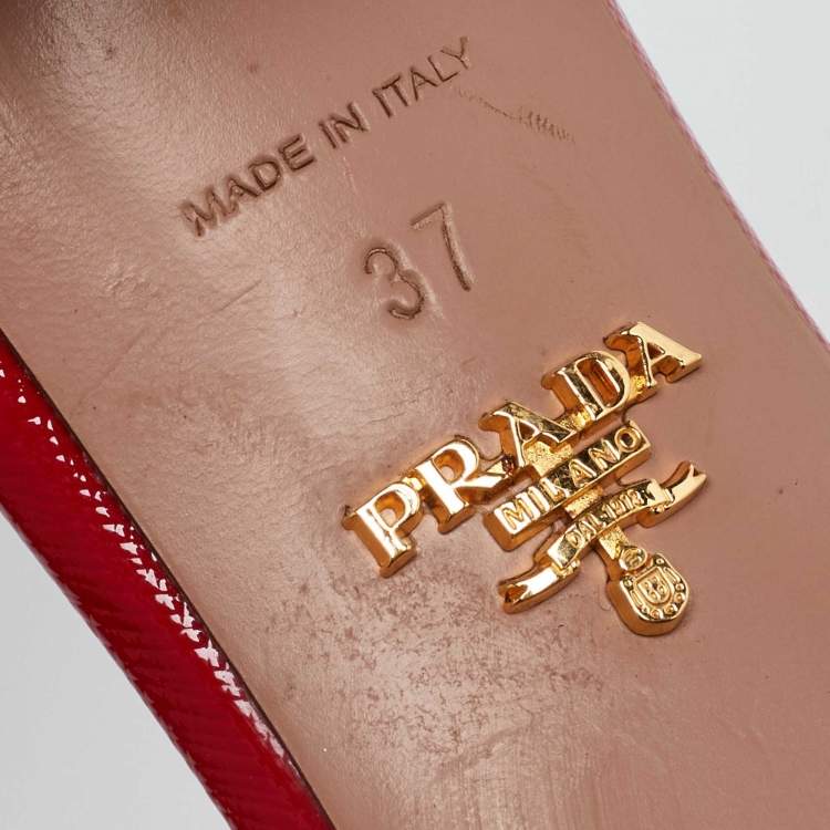 Pre Owned Prada Red Patent Leather Crystal Embellished Block Heel Slide Sandals Size 37