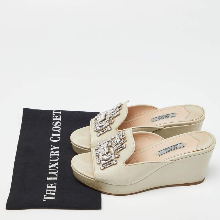 Pre Owned Prada Cream Saffiano Patent Leather Crystal Embellished Platform Wedge Sandals Size 38
