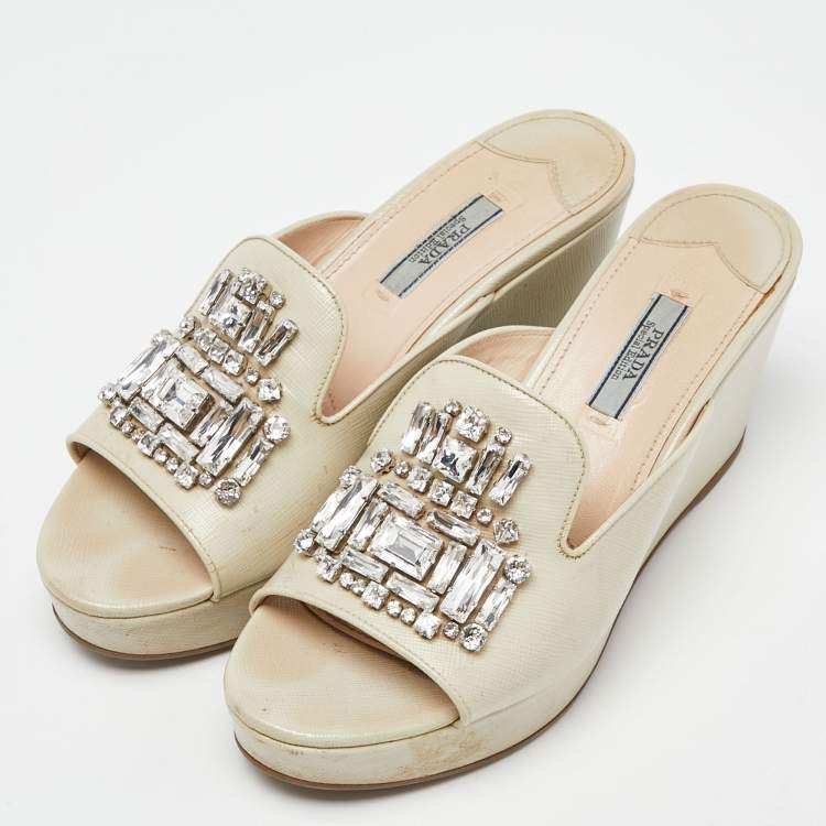 Pre Owned Prada Cream Saffiano Patent Leather Crystal Embellished Platform Wedge Sandals Size 38