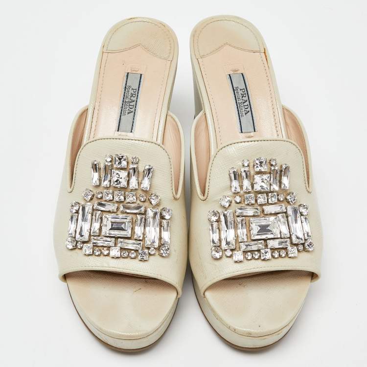 Pre Owned Prada Cream Saffiano Patent Leather Crystal Embellished Platform Wedge Sandals Size 38