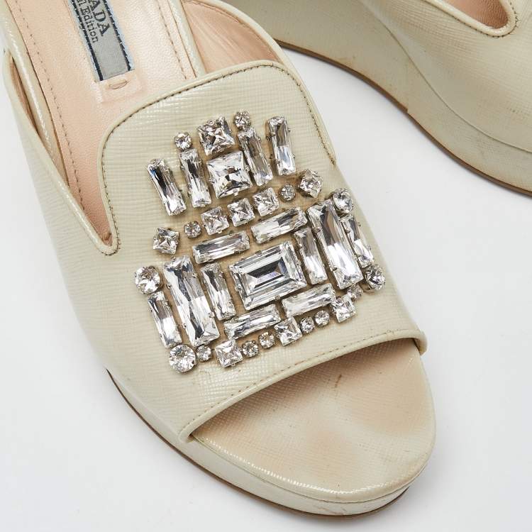 Pre Owned Prada Cream Saffiano Patent Leather Crystal Embellished Platform Wedge Sandals Size 38