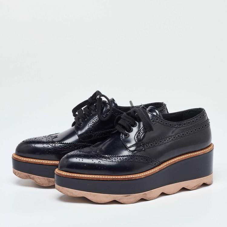 Pre Owned Prada Black Brogue Patent Leather Wave Wingtip Platform Derby Sneakers Size 36