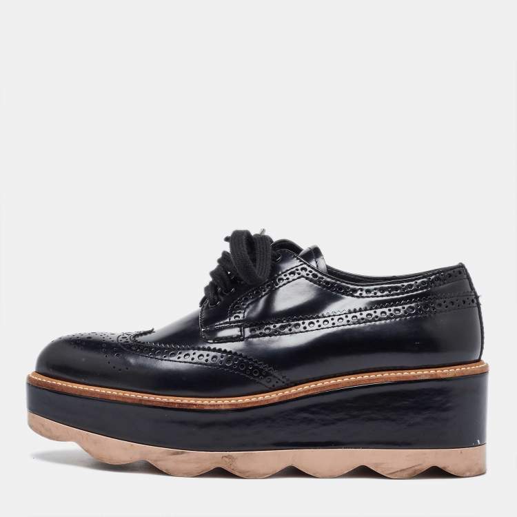Pre Owned Prada Black Brogue Patent Leather Wave Wingtip Platform Derby Sneakers Size 36