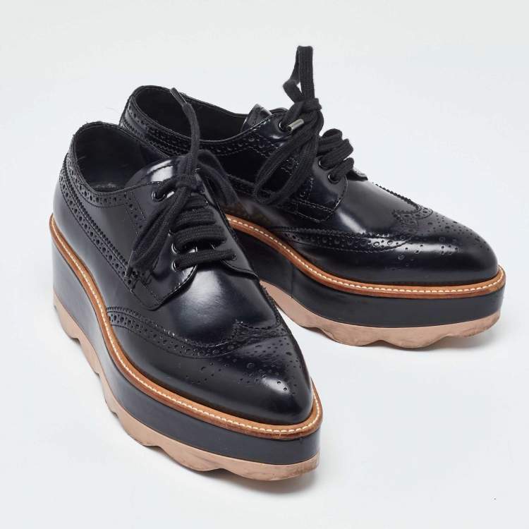 Pre Owned Prada Black Brogue Patent Leather Wave Wingtip Platform Derby Sneakers Size 36