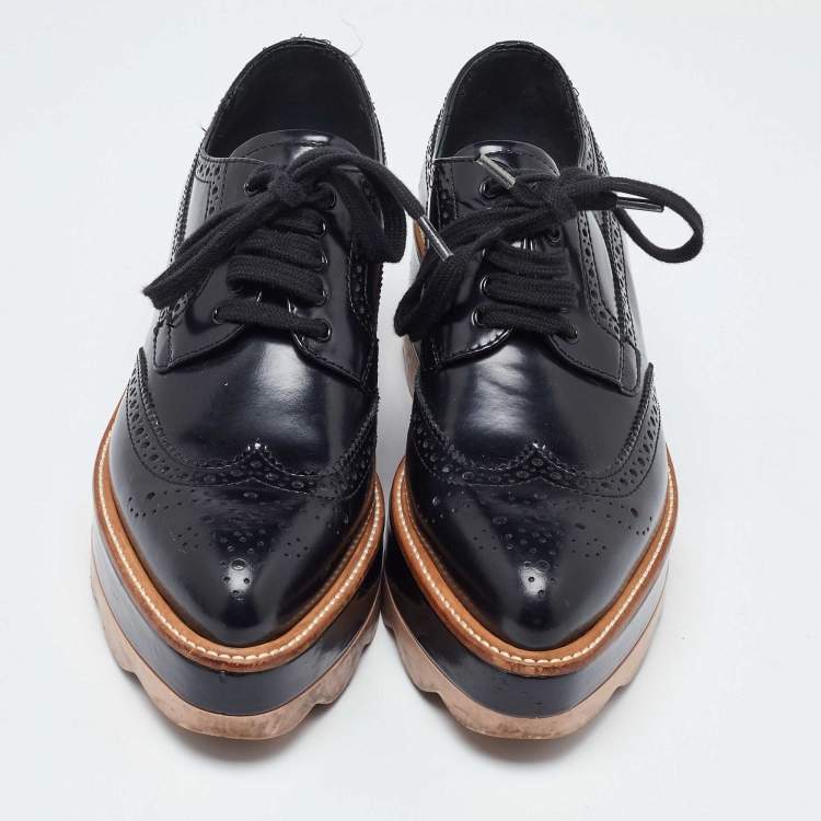 Pre Owned Prada Black Brogue Patent Leather Wave Wingtip Platform Derby Sneakers Size 36