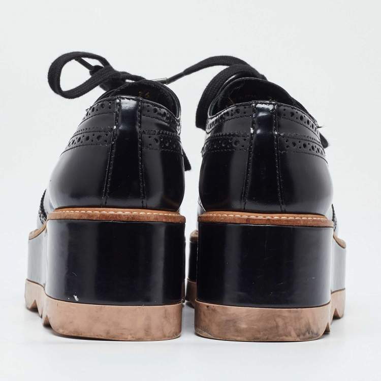 Pre Owned Prada Black Brogue Patent Leather Wave Wingtip Platform Derby Sneakers Size 36