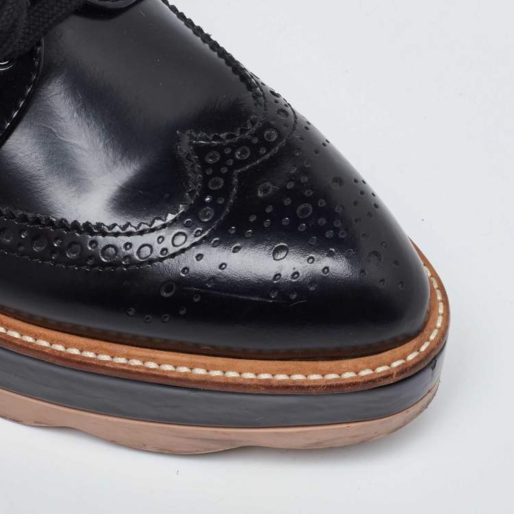 Pre Owned Prada Black Brogue Patent Leather Wave Wingtip Platform Derby Sneakers Size 36