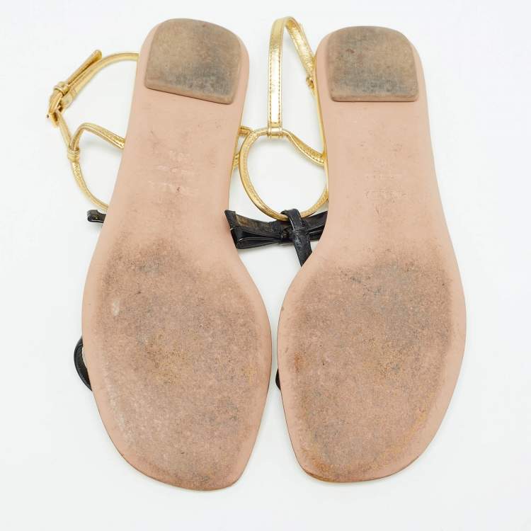 Pre Owned Prada Gold/Black Patent Leather Bow T Strap Flats Size 38.5  