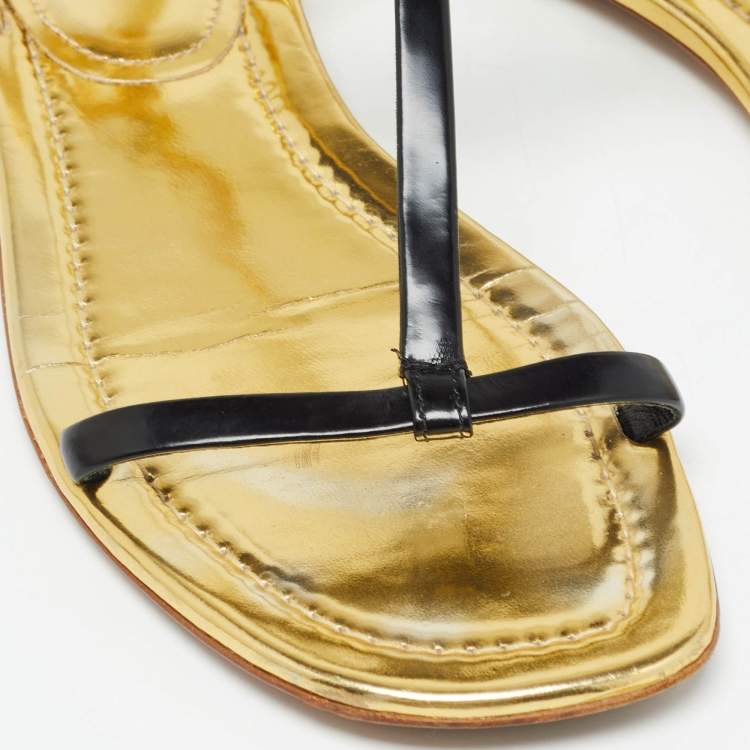 Pre Owned Prada Gold/Black Patent Leather Bow T Strap Flats Size 38.5  