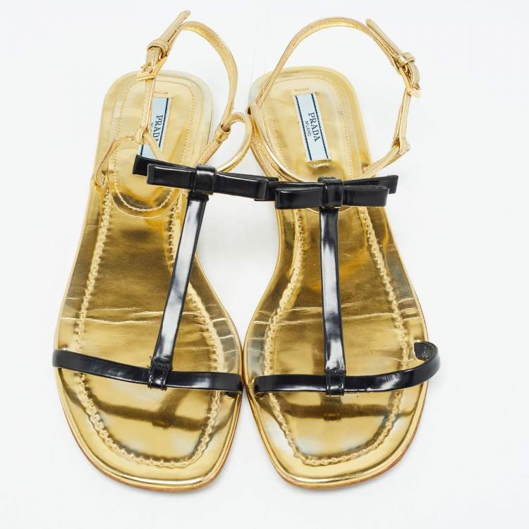 Pre Owned Prada Gold/Black Patent Leather Bow T Strap Flats Size 38.5  