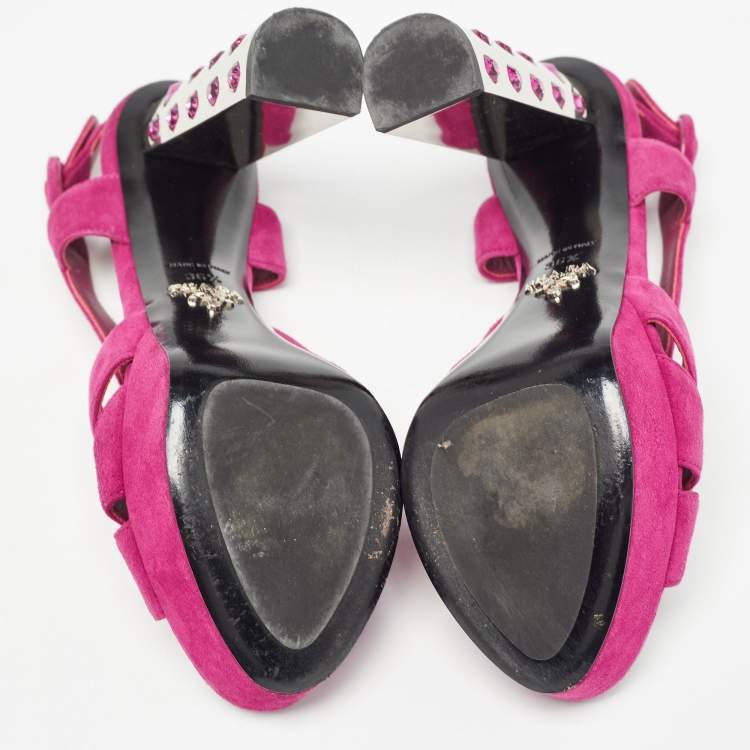 Pre Owned Prada Fuchsia Suede Crystal Embellished Platform Sandals Size 36.5