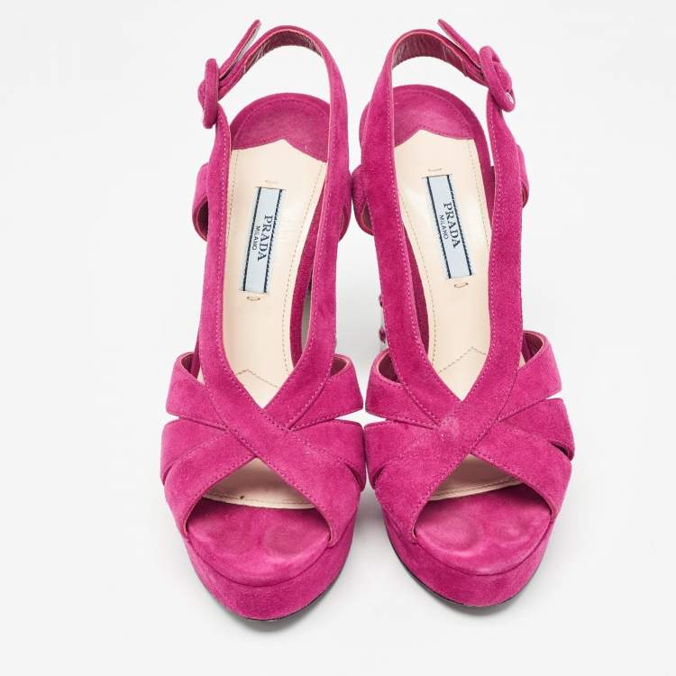 Pre Owned Prada Fuchsia Suede Crystal Embellished Platform Sandals Size 36.5