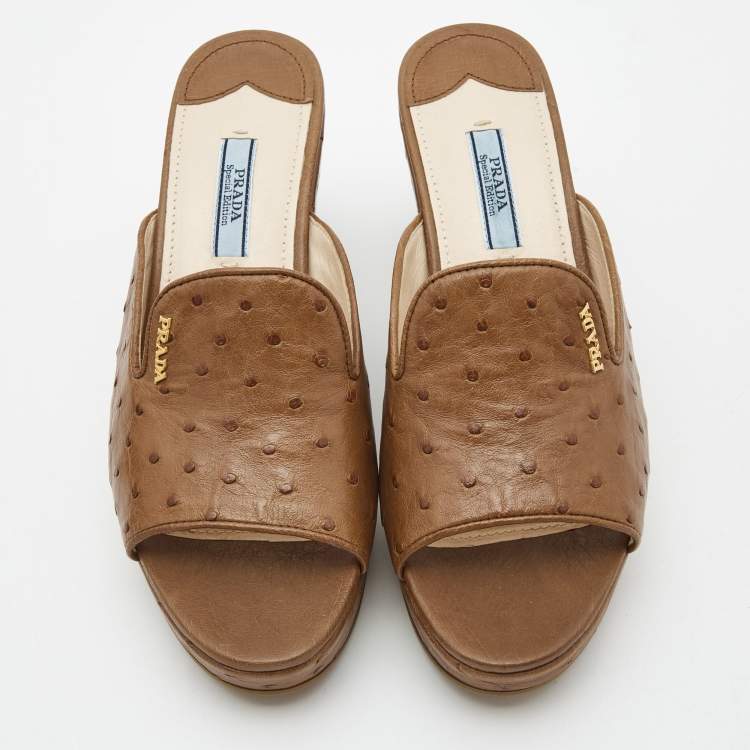 Pre Owned Prada Brown Ostrich Leather Wedge Platform Open Toe Slide Sandals Size 37.5