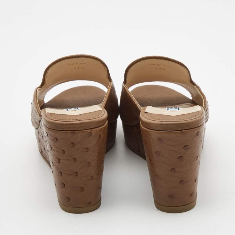 Pre Owned Prada Brown Ostrich Leather Wedge Platform Open Toe Slide Sandals Size 37.5