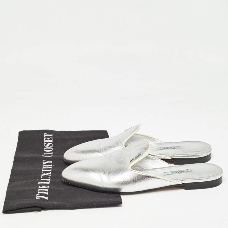 Pre Owned Prada Silver Leather Flat Mules Size 37
