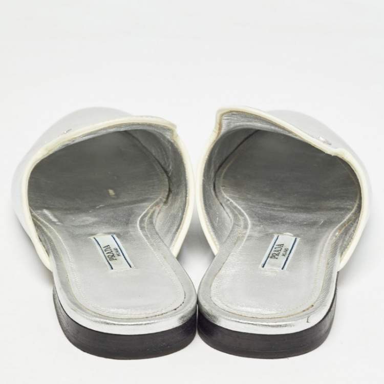 Pre Owned Prada Silver Leather Flat Mules Size 37