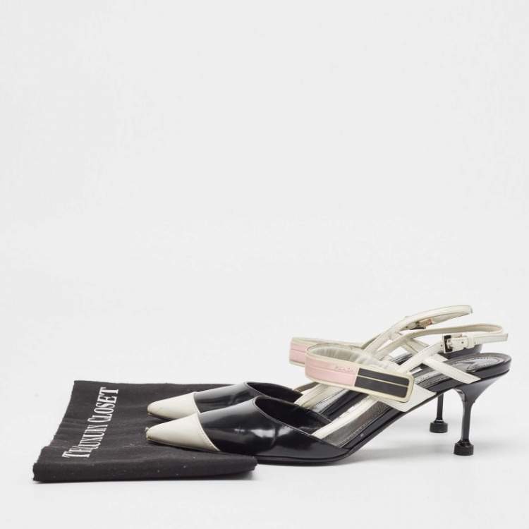 Pre Owned Prada Black/Black Leather Slingback Pumps Size 37.5