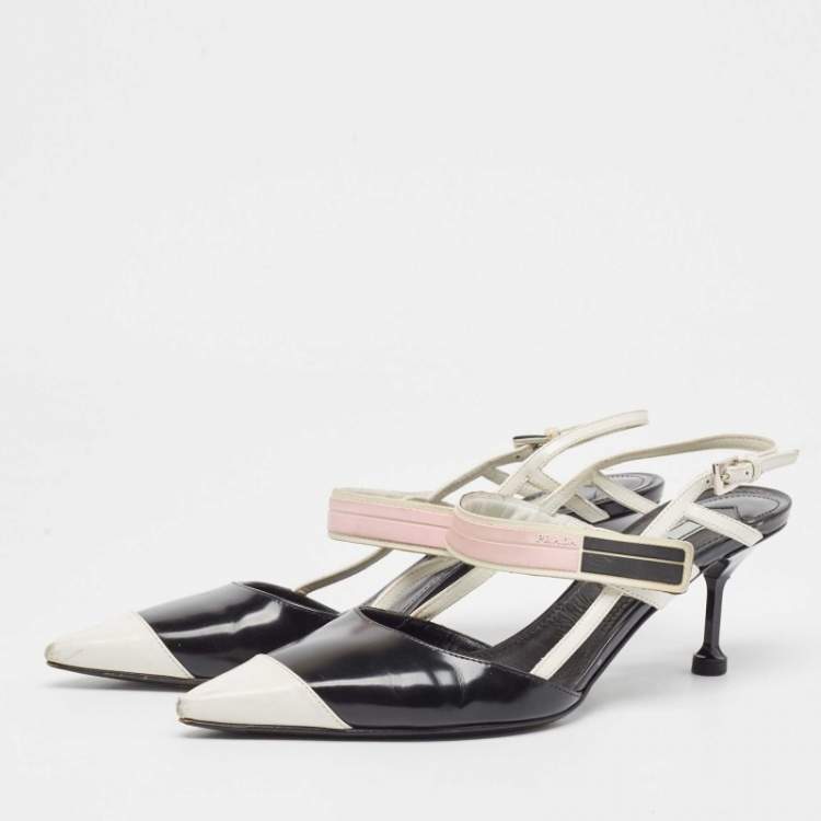 Pre Owned Prada Black/Black Leather Slingback Pumps Size 37.5