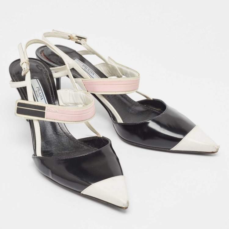 Pre Owned Prada Black/Black Leather Slingback Pumps Size 37.5