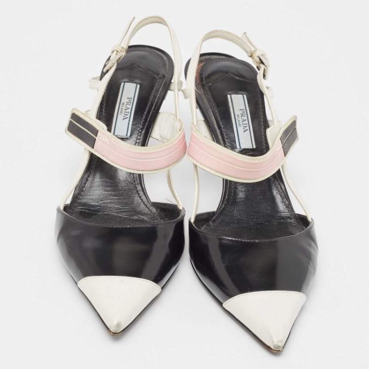 Pre Owned Prada Black/Black Leather Slingback Pumps Size 37.5