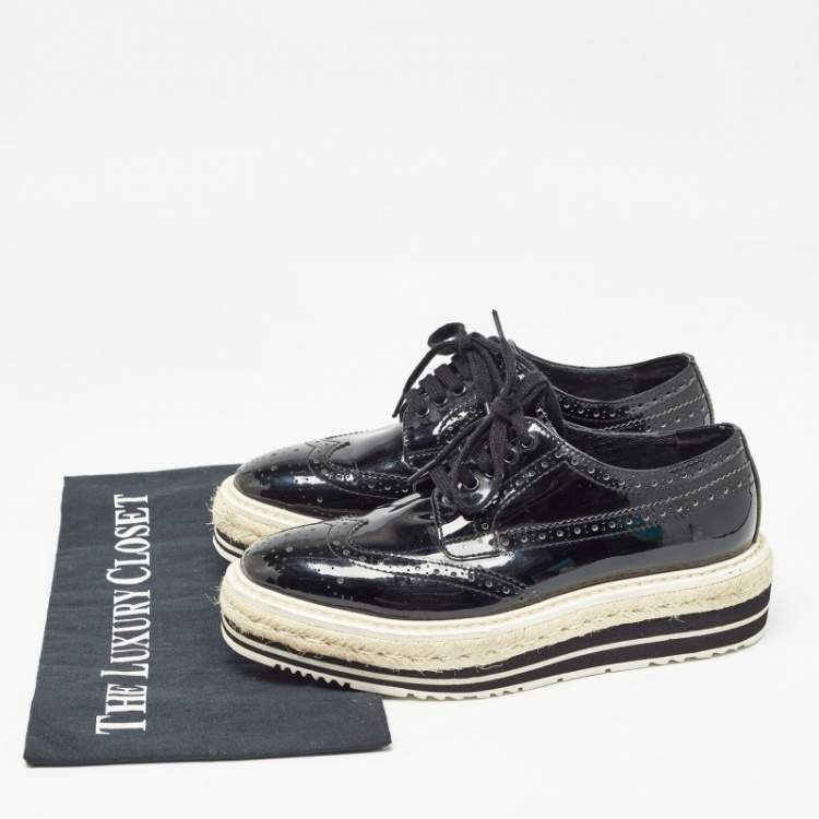 Pre Owned Prada Black Brogue Wingtip Leather Espadrille Derby Size 34
