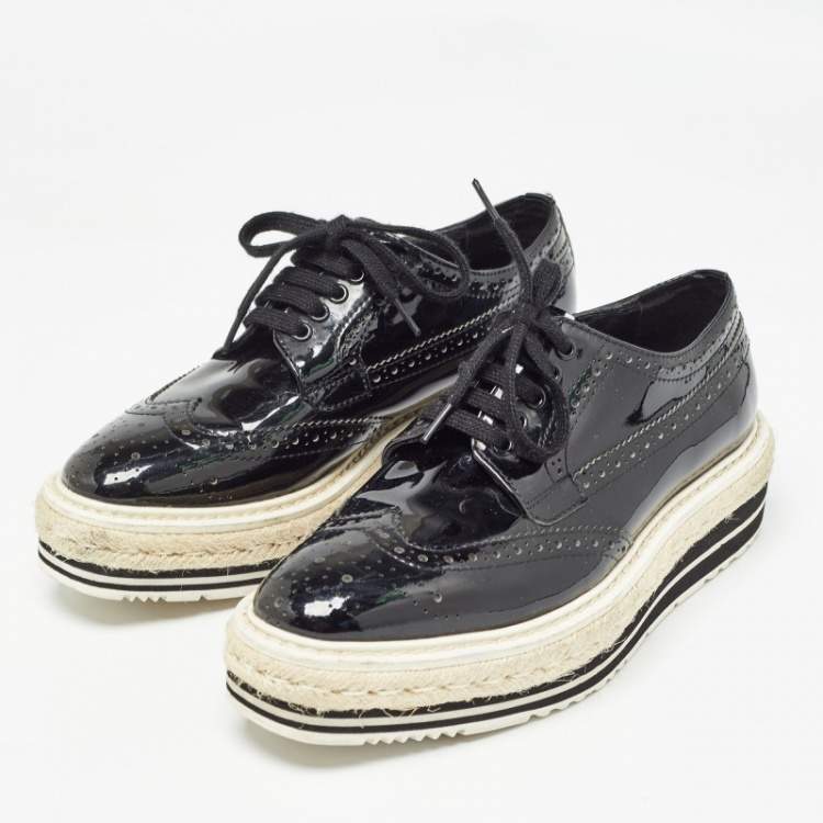 Pre Owned Prada Black Brogue Wingtip Leather Espadrille Derby Size 34