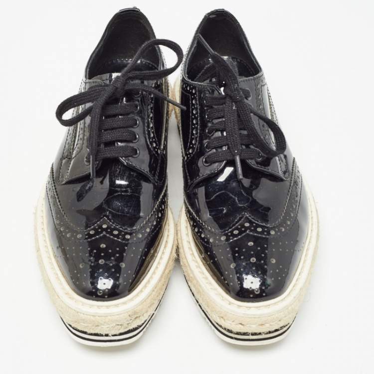 Pre Owned Prada Black Brogue Wingtip Leather Espadrille Derby Size 34