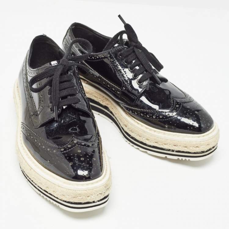 Pre Owned Prada Black Brogue Wingtip Leather Espadrille Derby Size 34