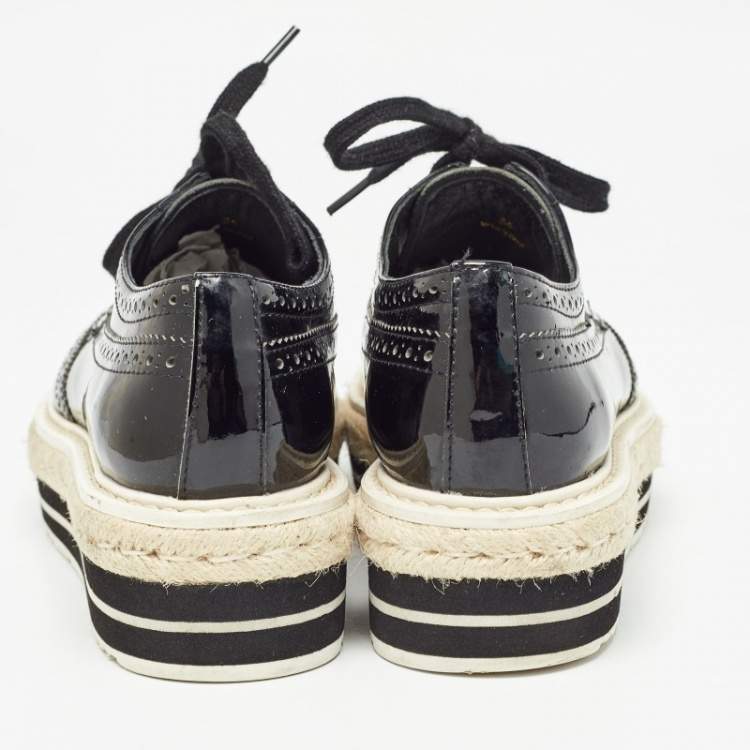 Pre Owned Prada Black Brogue Wingtip Leather Espadrille Derby Size 34