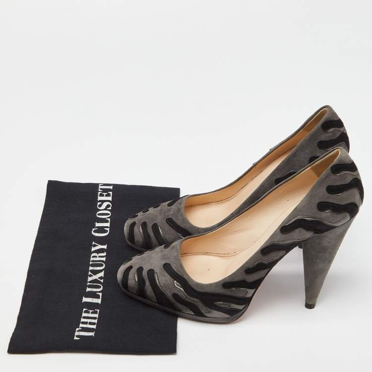 Pre Owned Prada Grey/Black Suede Platform Pumps Size 38.5