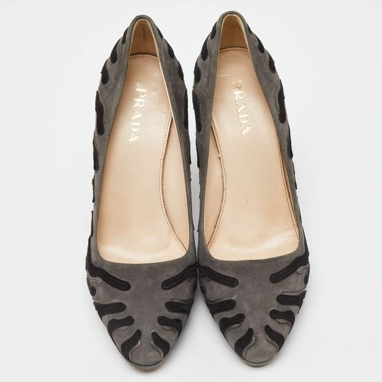 Pre Owned Prada Grey/Black Suede Platform Pumps Size 38.5