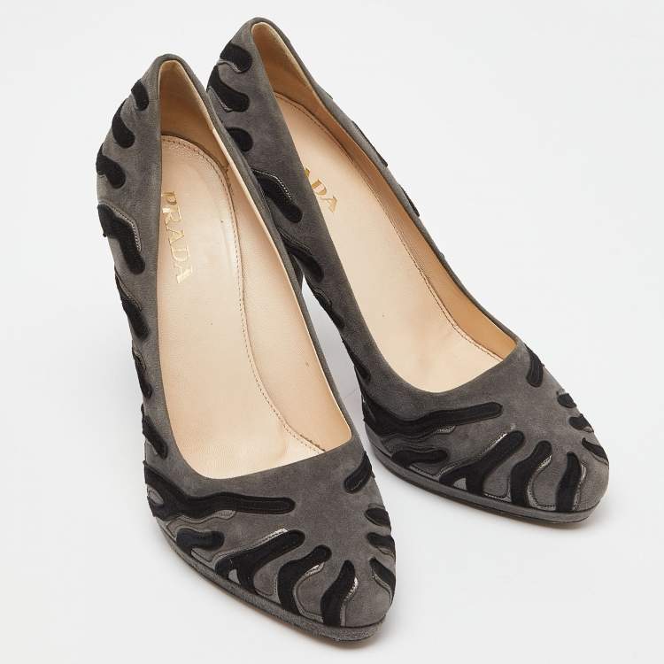 Pre Owned Prada Grey/Black Suede Platform Pumps Size 38.5