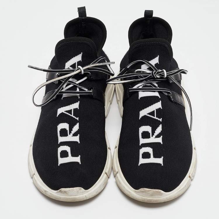 Pre Owned Prada Black Logo Knit Fabric Low Top Sneakers Size 38.5