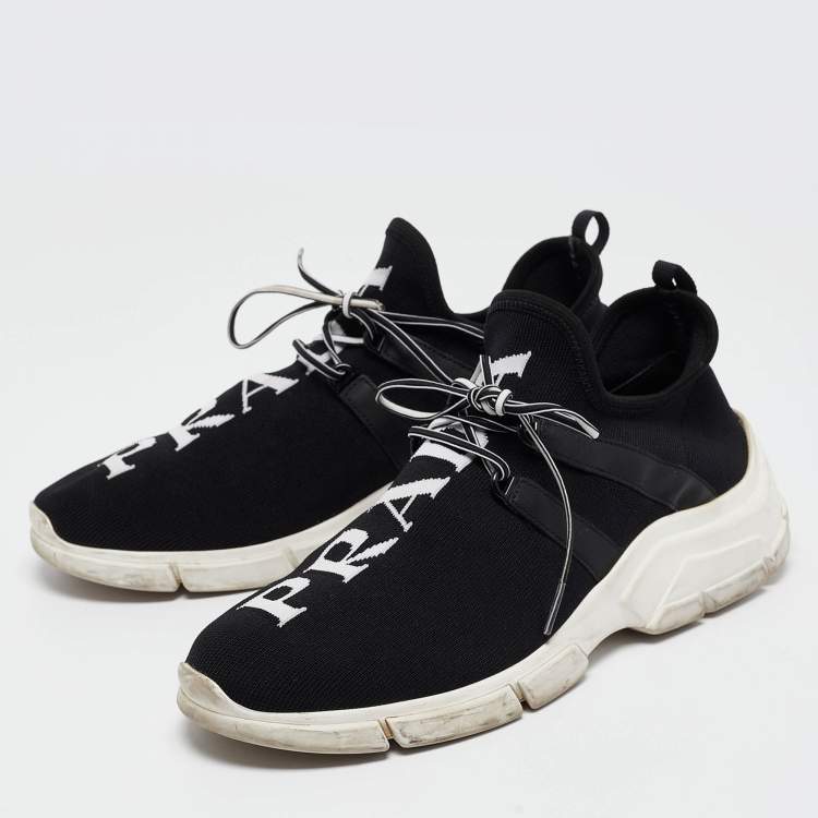 Pre Owned Prada Black Logo Knit Fabric Low Top Sneakers Size 38.5