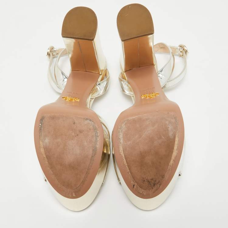 Pre Owned Prada Gold Patent Leather Platform Ankle Strap Sandals Size 39.5