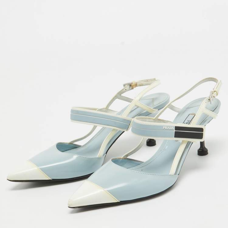 Pre Owned Prada Light Blue/White Leather and Rubber Pointed-Toe Slingback Pumps Size 37
