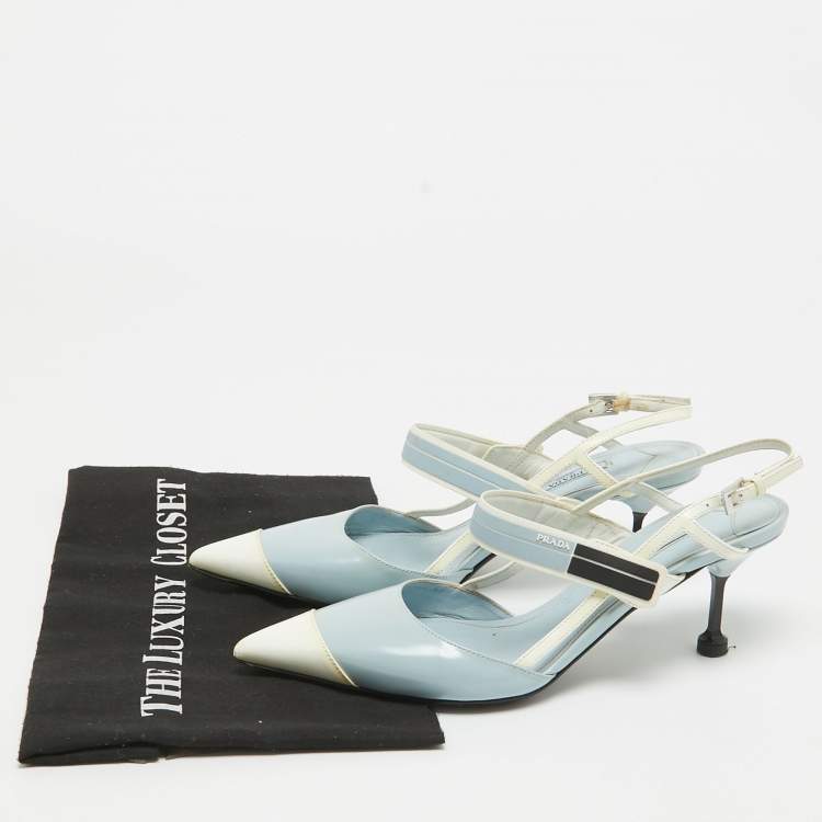 Pre Owned Prada Light Blue/White Leather and Rubber Pointed-Toe Slingback Pumps Size 37