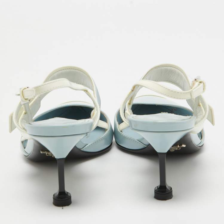 Pre Owned Prada Light Blue/White Leather and Rubber Pointed-Toe Slingback Pumps Size 37