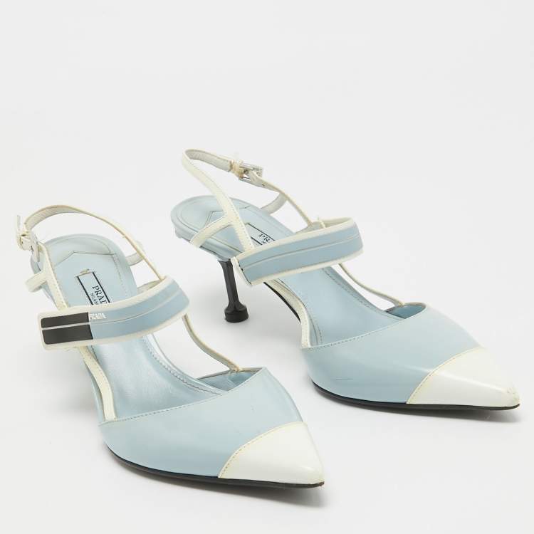 Pre Owned Prada Light Blue/White Leather and Rubber Pointed-Toe Slingback Pumps Size 37